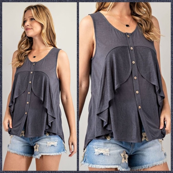 EASEL Button Down Flowy Tunic Top Ruffle Detail Front Pleated Back - Picture 4 of 14